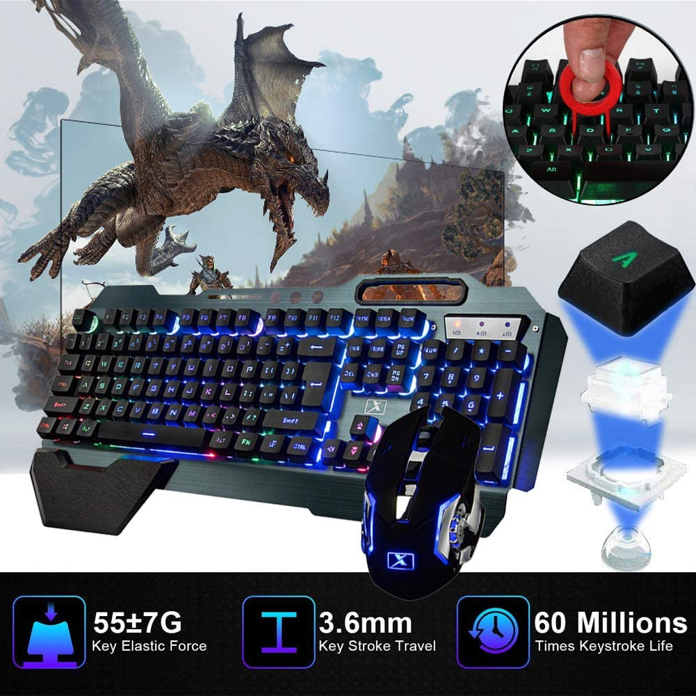 Wireless Gaming Keyboard and Mouse, Rainbow Backlit Rechargeable Keyboard Mouse 
