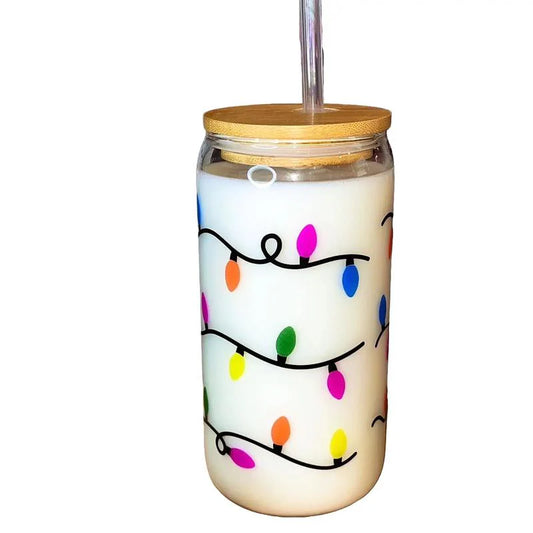 Color Changing Christmas Lights Glass Cup with Lid and Straw - 16 Oz - Drinkware, Transparent Tumblers Mug Bottles