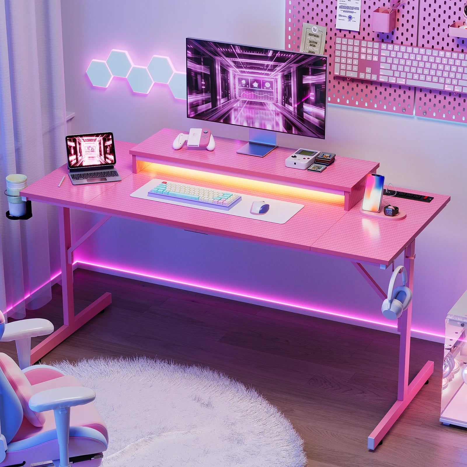 52 Inch Gaming Desk with Power Strip and LED Monitor Stand, Carbon Fiber Pink
