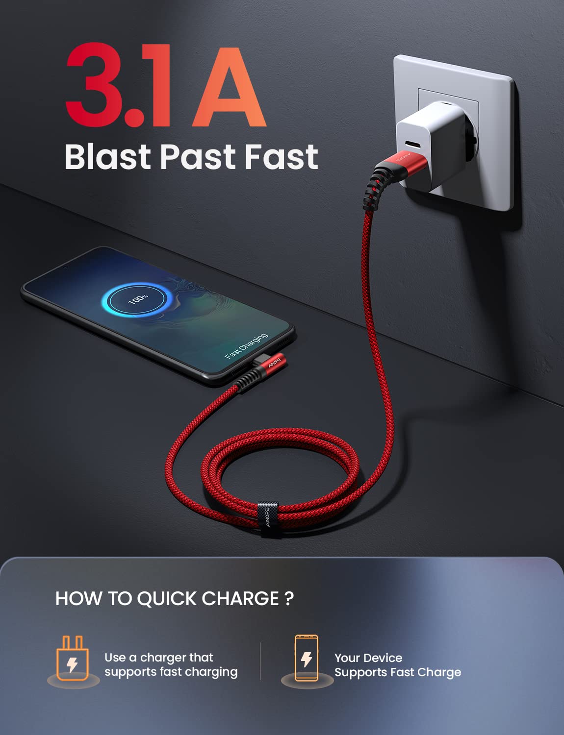AINOPE 2-Pack Type C Charging Cable 3.1A Fast Charge, Right Angle [6.6ft+6.6ft] USB C Cable, Durable Nylon Braided Type C Charging Cable Fast Charge Compatible Galaxy S10 S9 S21, LG V30,V20,G6
