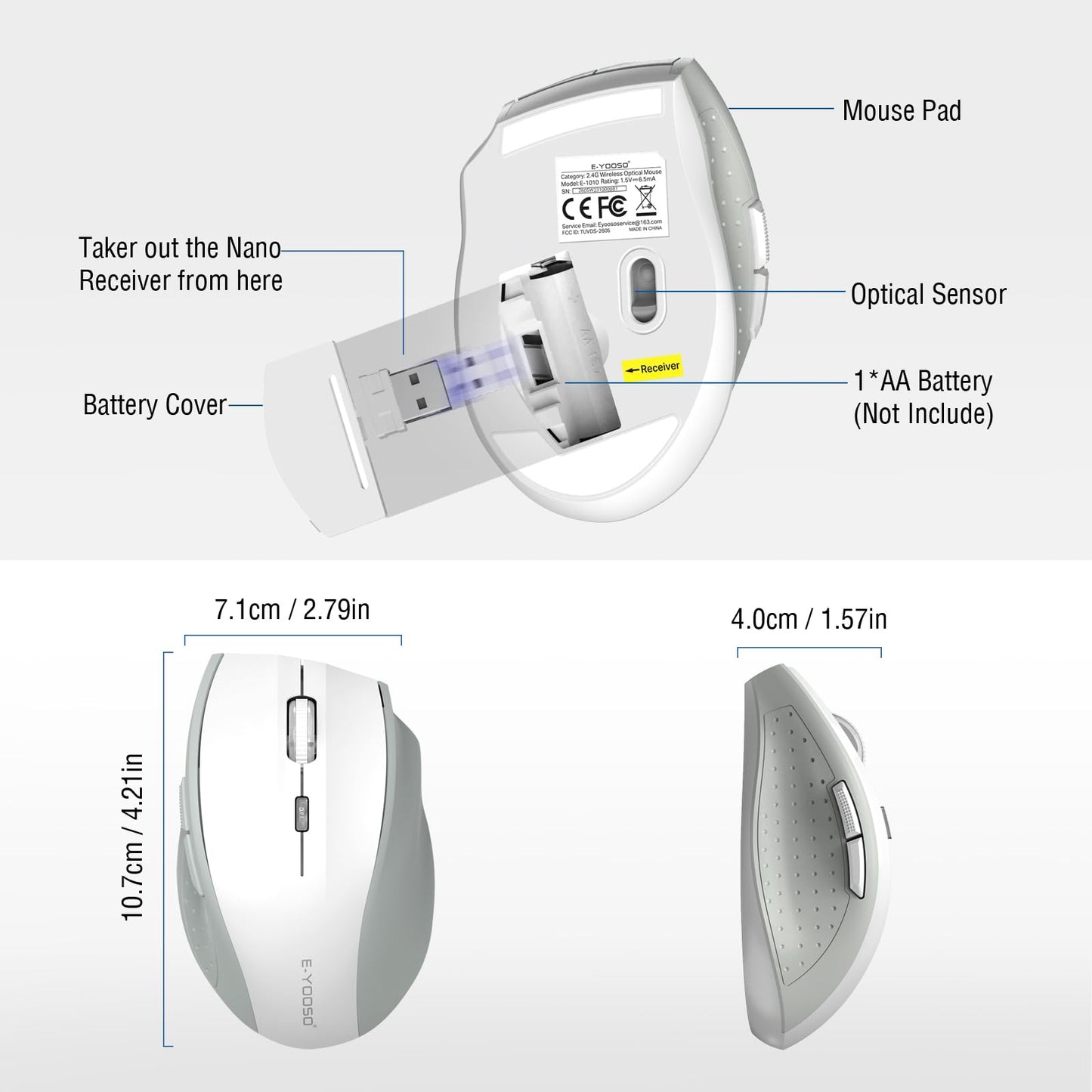 E-YOOSO Wireless Mouse for Laptop, Portable Optical Computer Mouse, 6 Buttons, Cordless 2.4GHz with USB Receiver, 5-Level 4800 DPI, 18 Months Battery Life for PC Chromebook Windows Mac