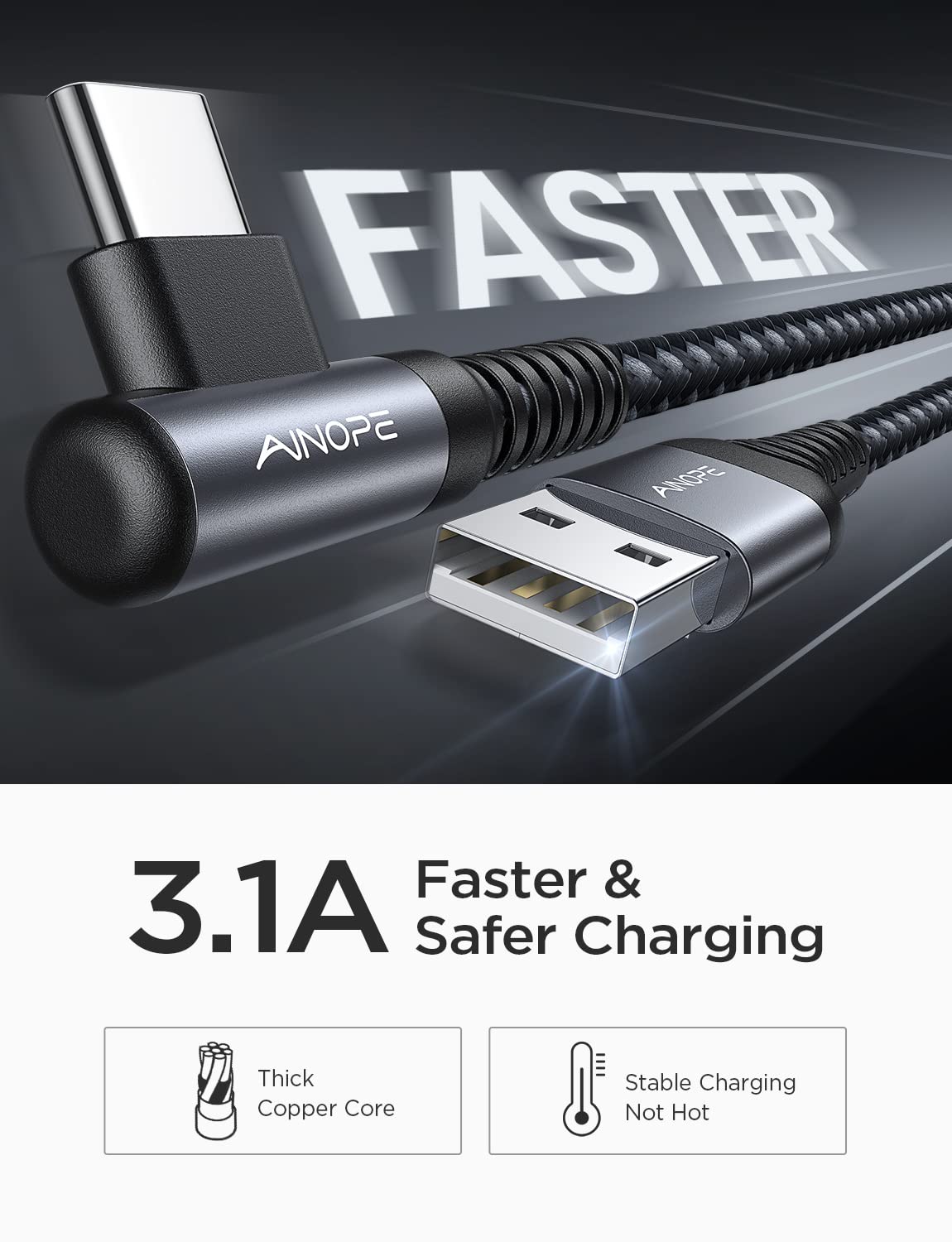 AINOPE 2-Pack Type C Charging Cable 3.1A Fast Charge, Right Angle [6.6ft+6.6ft] USB C Cable, Durable Nylon Braided Type C Charging Cable Fast Charge Compatible Galaxy S10 S9 S21, LG V30,V20,G6