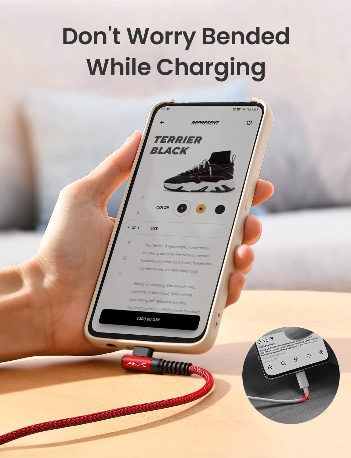 AINOPE 2-Pack Type C Charging Cable 3.1A Fast Charge, Right Angle [6.6ft+6.6ft] USB C Cable, Durable Nylon Braided Type C Charging Cable Fast Charge Compatible Galaxy S10 S9 S21, LG V30,V20,G6