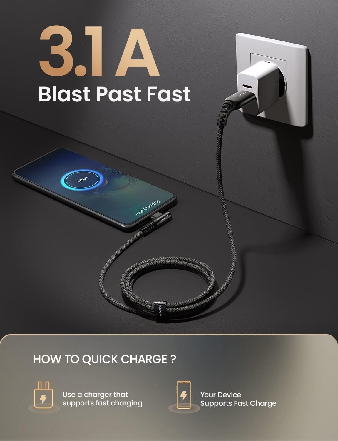 AINOPE 2-Pack Type C Charging Cable 3.1A Fast Charge, Right Angle [6.6ft+6.6ft] USB C Cable, Durable Nylon Braided Type C Charging Cable Fast Charge Compatible Galaxy S10 S9 S21, LG V30,V20,G6