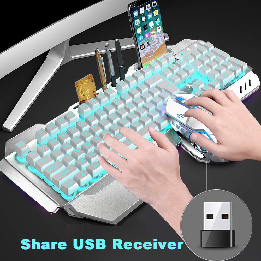 Wireless Gaming Keyboard and Mouse,Rainbow Backlit Rechargeable Keyboard Mouse with 3800mAh Battery Metal Panel,Removable Hand Rest Mechanical Feel Keyboard and 7 Color Gaming Mute Mice for PC Gamers