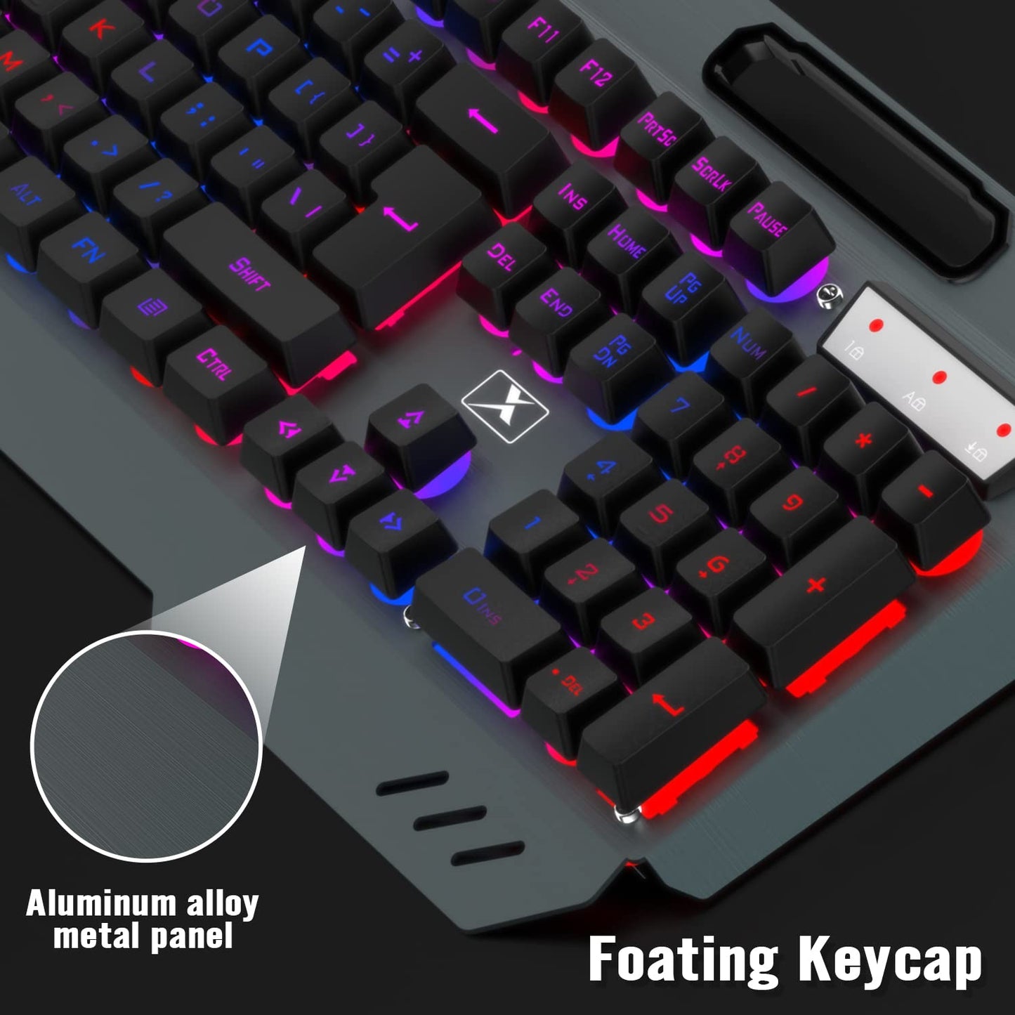 Wireless Gaming Keyboard and Mouse,Rainbow Backlit Rechargeable Keyboard Mouse with 3800mAh Battery Metal Panel,Removable Hand Rest Mechanical Feel Keyboard and 7 Color Gaming Mute Mice for PC Gamers