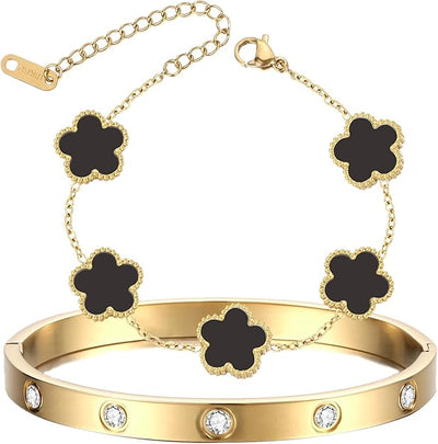 2Pcs 18K Gold Plated Clover Bracelet Gold Stack Bracelet