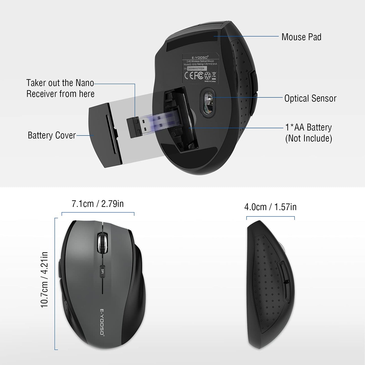 E-YOOSO Wireless Mouse for Laptop, Portable Optical Computer Mouse, 6 Buttons, Cordless 2.4GHz with USB Receiver, 5-Level 4800 DPI, 18 Months Battery Life for PC Chromebook Windows Mac