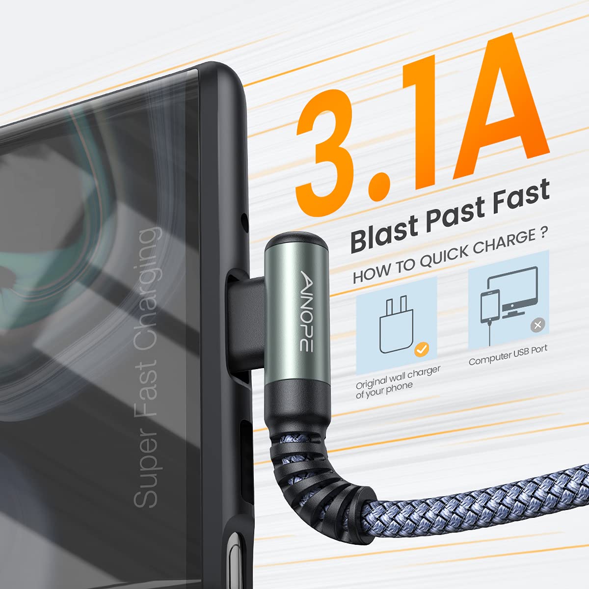 AINOPE 2-Pack Type C Charging Cable 3.1A Fast Charge, Right Angle [6.6ft+6.6ft] USB C Cable, Durable Nylon Braided Type C Charging Cable Fast Charge Compatible Galaxy S10 S9 S21, LG V30,V20,G6