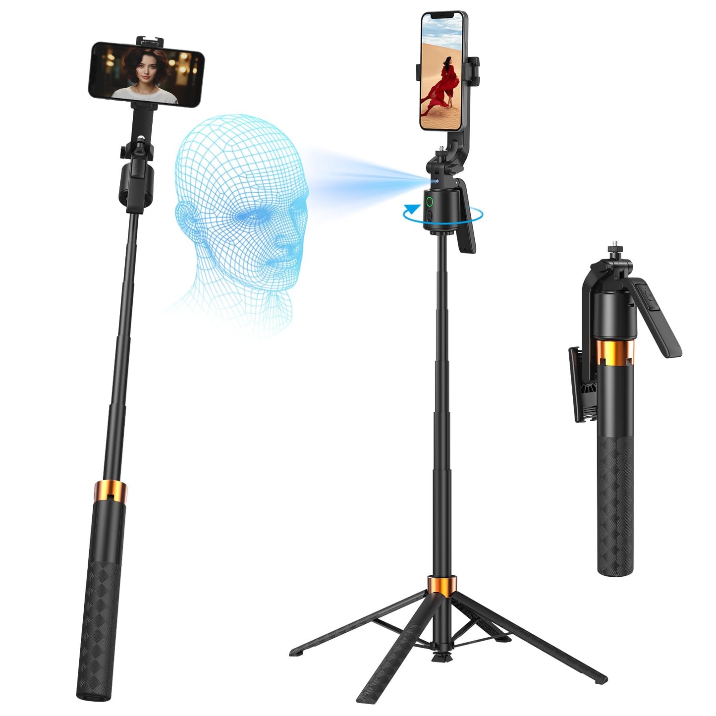 Auto Face Tracking Selfie Stick Tripod for iPhone, 360° Auto Rotating Face Tracking Tripod, Gesture Control, No APP Required, Gimbal stabilizer for Smartphone, for Live Streaming Video, Recording