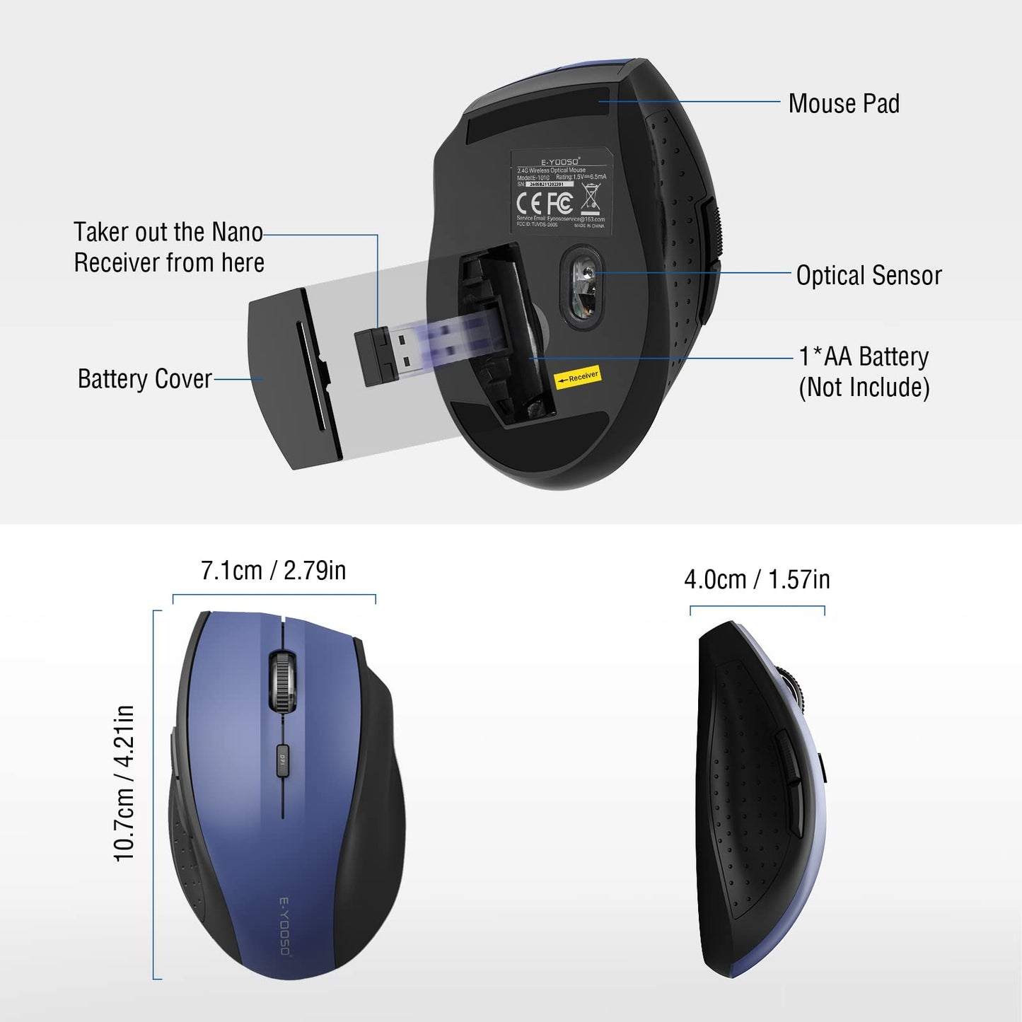 E-YOOSO Wireless Mouse for Laptop, Portable Optical Computer Mouse, 6 Buttons, Cordless 2.4GHz with USB Receiver, 5-Level 4800 DPI, 18 Months Battery Life for PC Chromebook Windows Mac