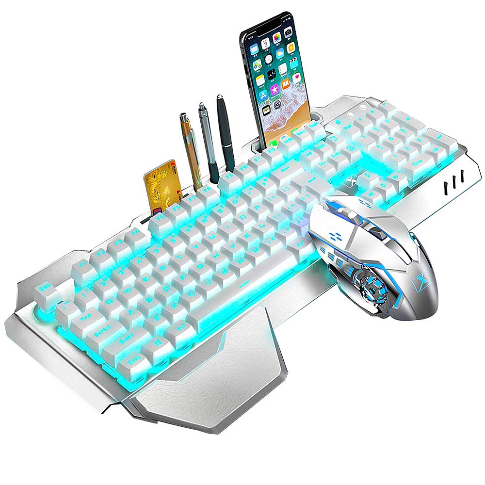 Wireless Gaming Keyboard and Mouse,Rainbow Backlit Rechargeable Keyboard Mouse with 3800mAh Battery Metal Panel,Removable Hand Rest Mechanical Feel Keyboard and 7 Color Gaming Mute Mice for PC Gamers