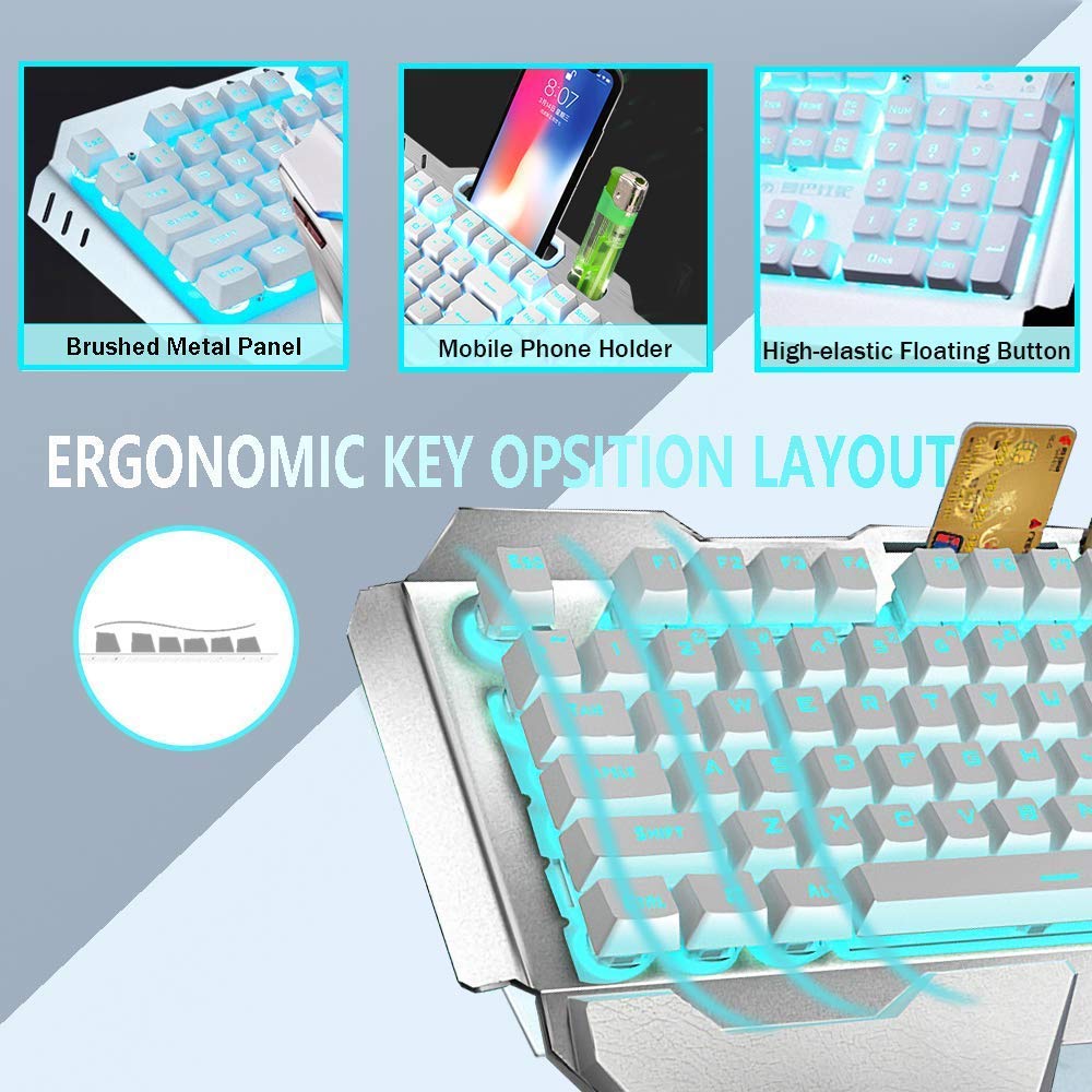 Wireless Gaming Keyboard and Mouse,Rainbow Backlit Rechargeable Keyboard Mouse with 3800mAh Battery Metal Panel,Removable Hand Rest Mechanical Feel Keyboard and 7 Color Gaming Mute Mice for PC Gamers
