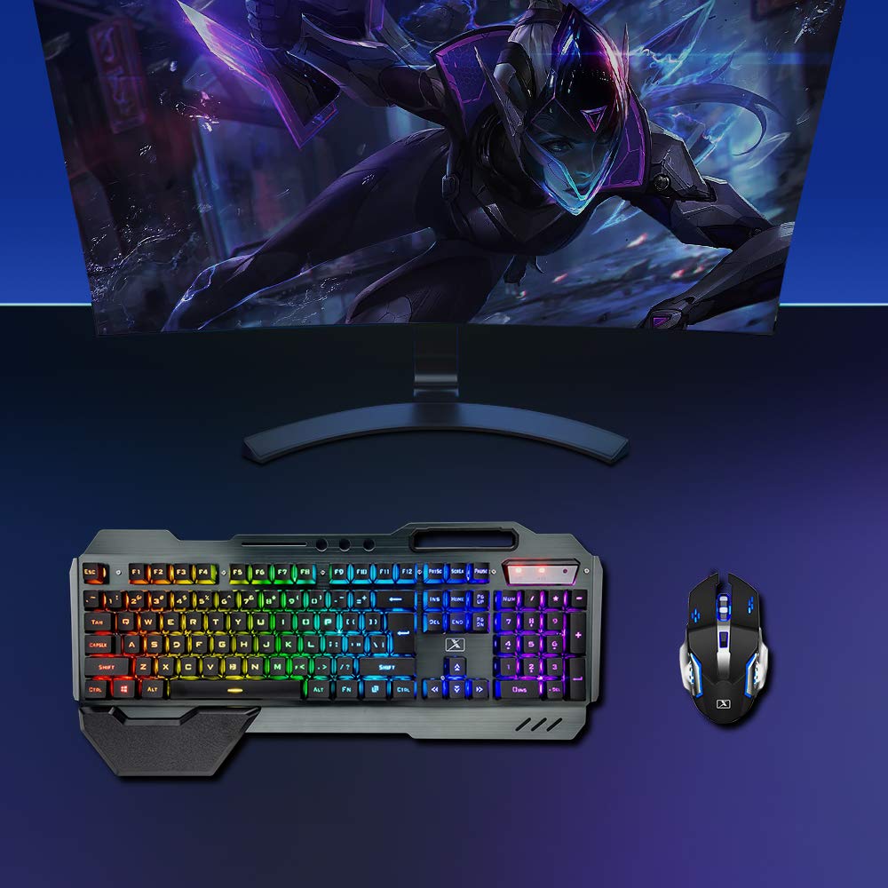 Wireless Gaming Keyboard and Mouse,Rainbow Backlit Rechargeable Keyboard Mouse with 3800mAh Battery Metal Panel,Removable Hand Rest Mechanical Feel Keyboard and 7 Color Gaming Mute Mice for PC Gamers
