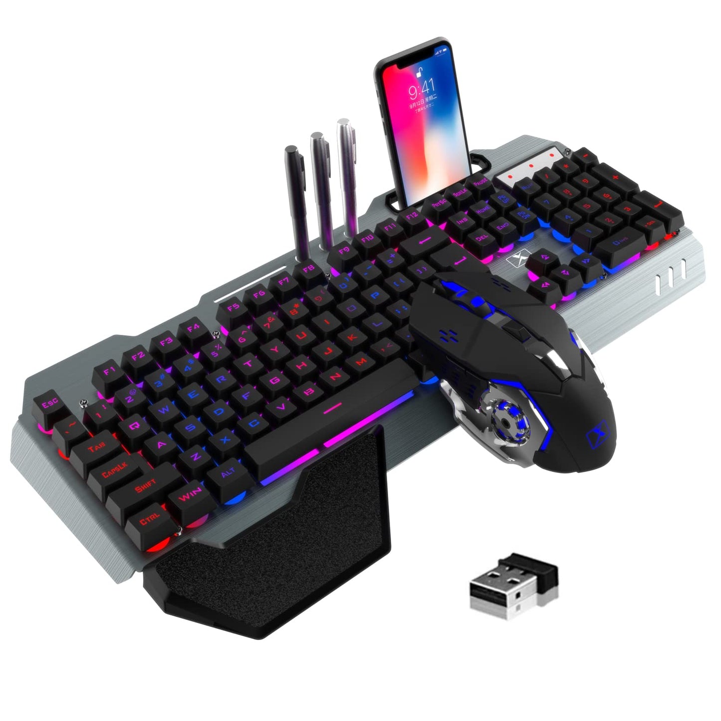Wireless Gaming Keyboard and Mouse,Rainbow Backlit Rechargeable Keyboard Mouse with 3800mAh Battery Metal Panel,Removable Hand Rest Mechanical Feel Keyboard and 7 Color Gaming Mute Mice for PC Gamers