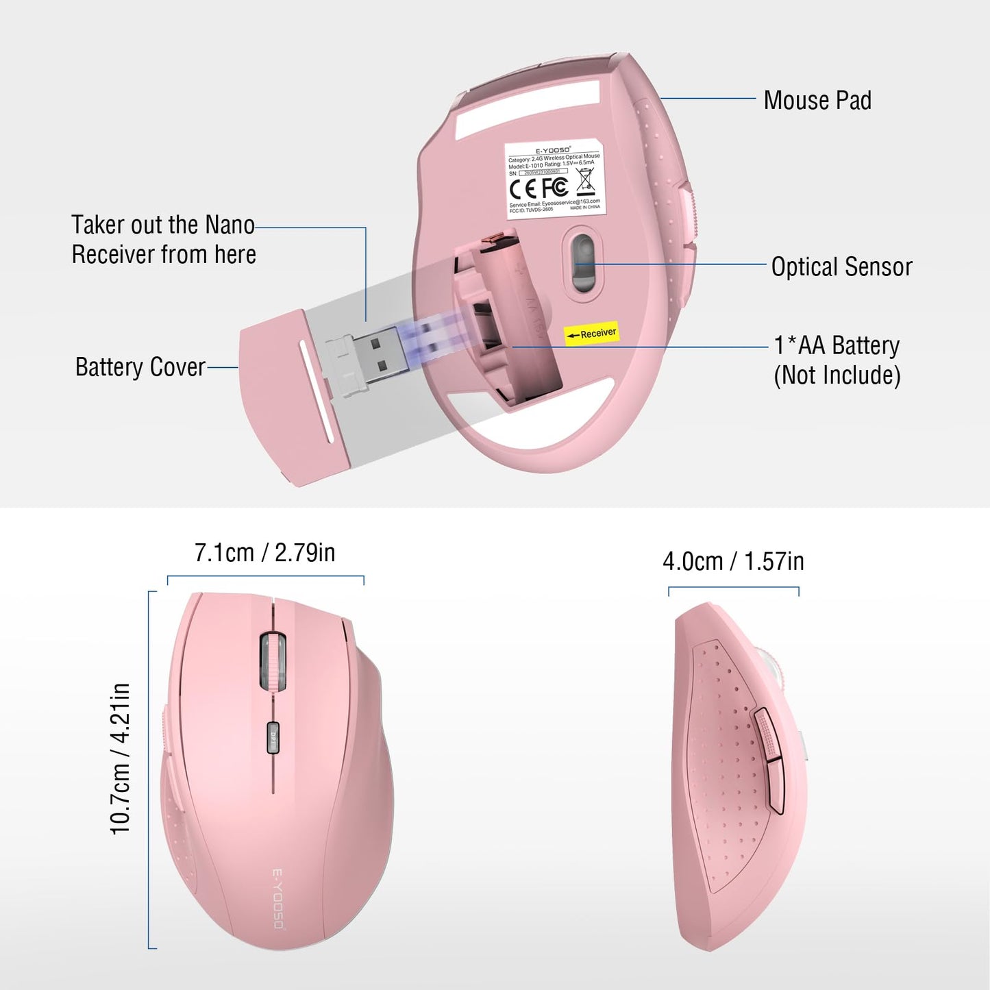 E-YOOSO Wireless Mouse for Laptop, Portable Optical Computer Mouse, 6 Buttons, Cordless 2.4GHz with USB Receiver, 5-Level 4800 DPI, 18 Months Battery Life for PC Chromebook Windows Mac