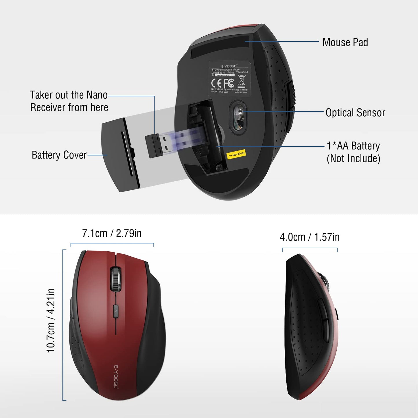 E-YOOSO Wireless Mouse for Laptop, Portable Optical Computer Mouse, 6 Buttons, Cordless 2.4GHz with USB Receiver, 5-Level 4800 DPI, 18 Months Battery Life for PC Chromebook Windows Mac