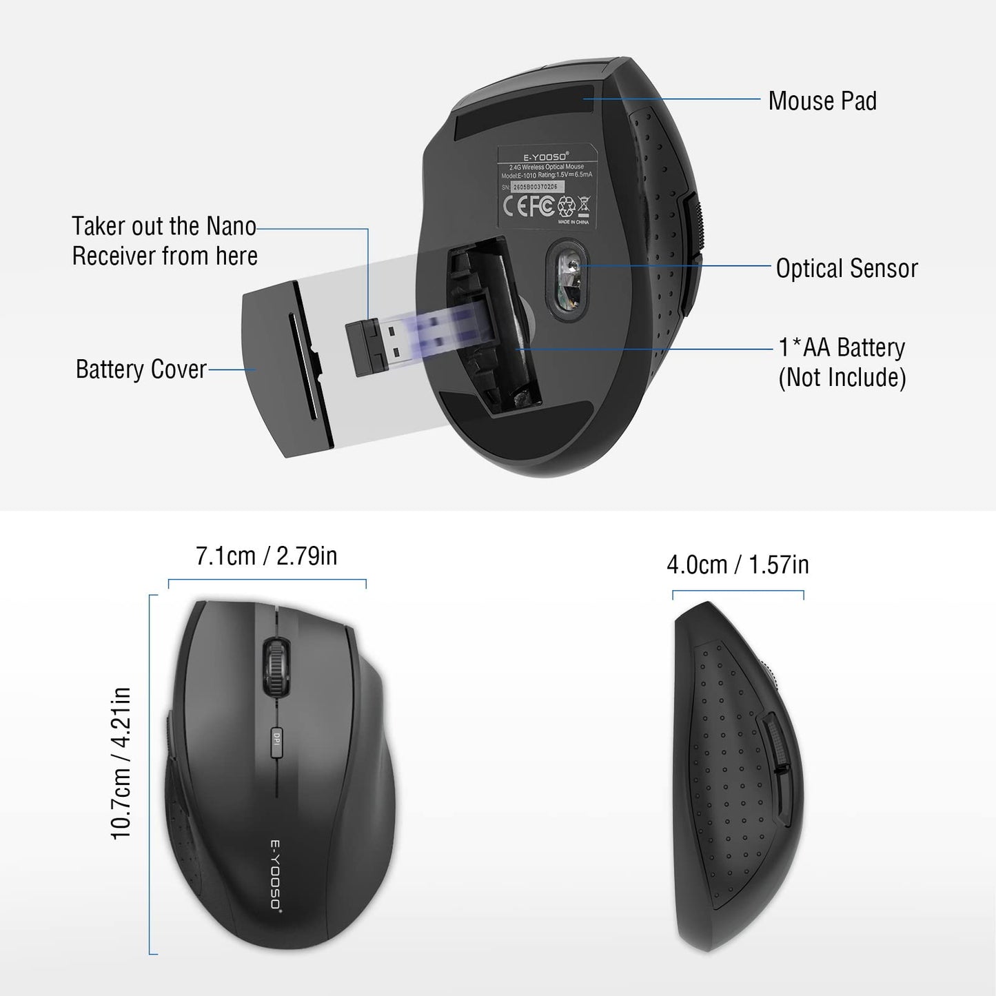 E-YOOSO Wireless Mouse for Laptop, Portable Optical Computer Mouse, 6 Buttons, Cordless 2.4GHz with USB Receiver, 5-Level 4800 DPI, 18 Months Battery Life for PC Chromebook Windows Mac