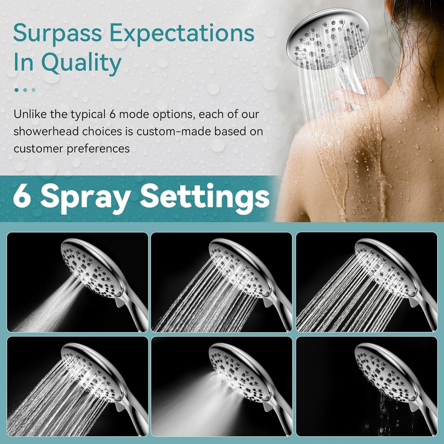 High Pressure Shower Head with Handheld,  6 Spray Settings 
