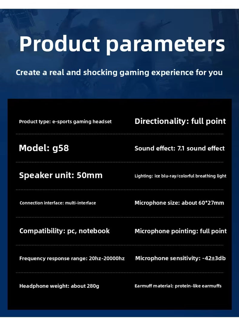 Hot Selling G58 Gaming Headphones Stereo Surround 7.1 Wired Headphones Microphones Esports Gaming Gear Over-Ear Headphones