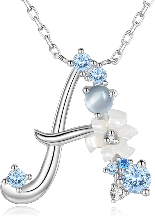 VIKI LYNN Initial Necklace for Women 925 Sterling Silver Initial A to Z Letter Pendant Necklace with Blue Flower Cubic Zirconia