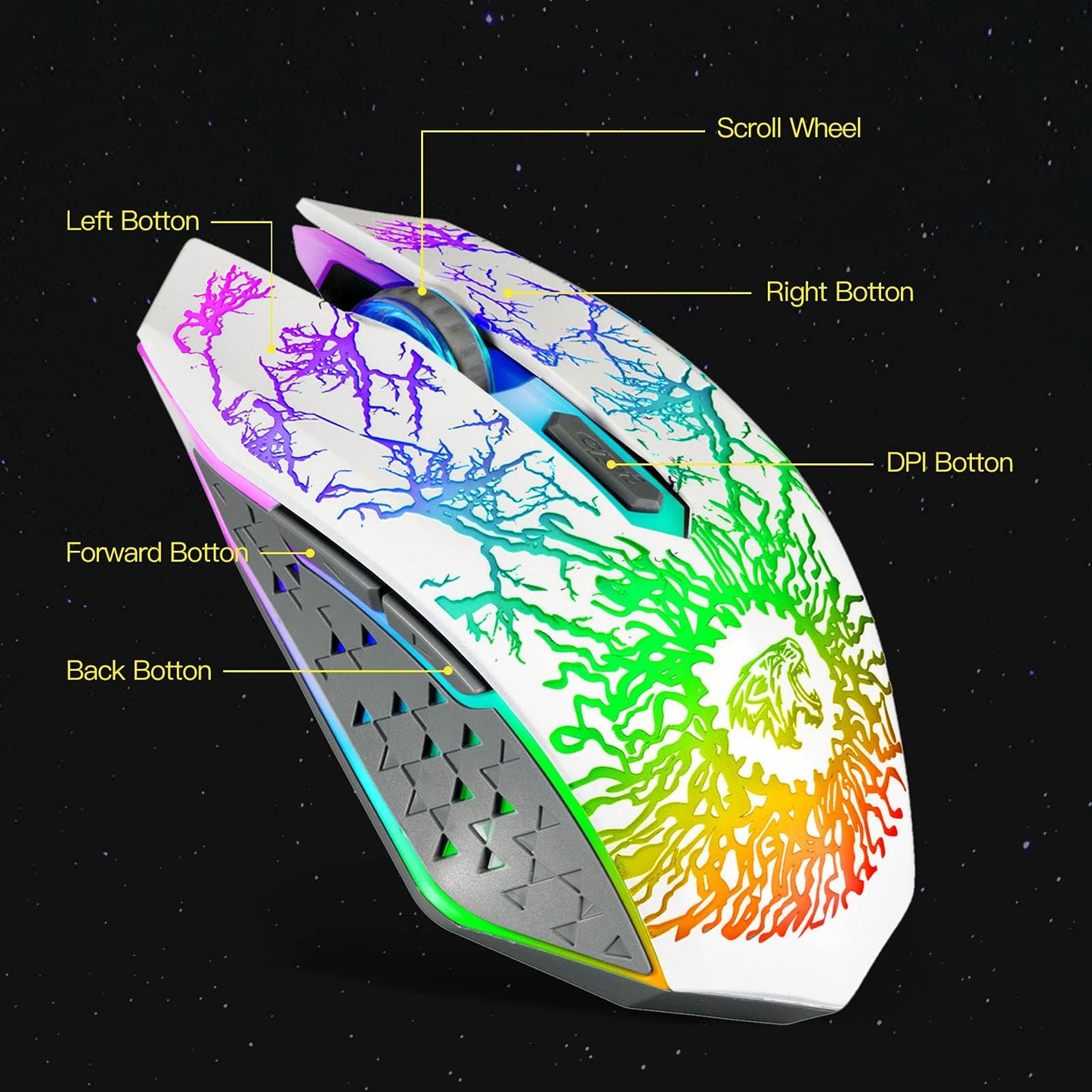 VEGCOO Wireless Gaming Mouse, Rechargeable Gaming Mouse, Silent Optical Mice with 2.4G USB Receiver, 3 Level DPI, 6 Buttons, 7 Colors LED Lights for PC/Mac Gamer, Laptop and Desktop