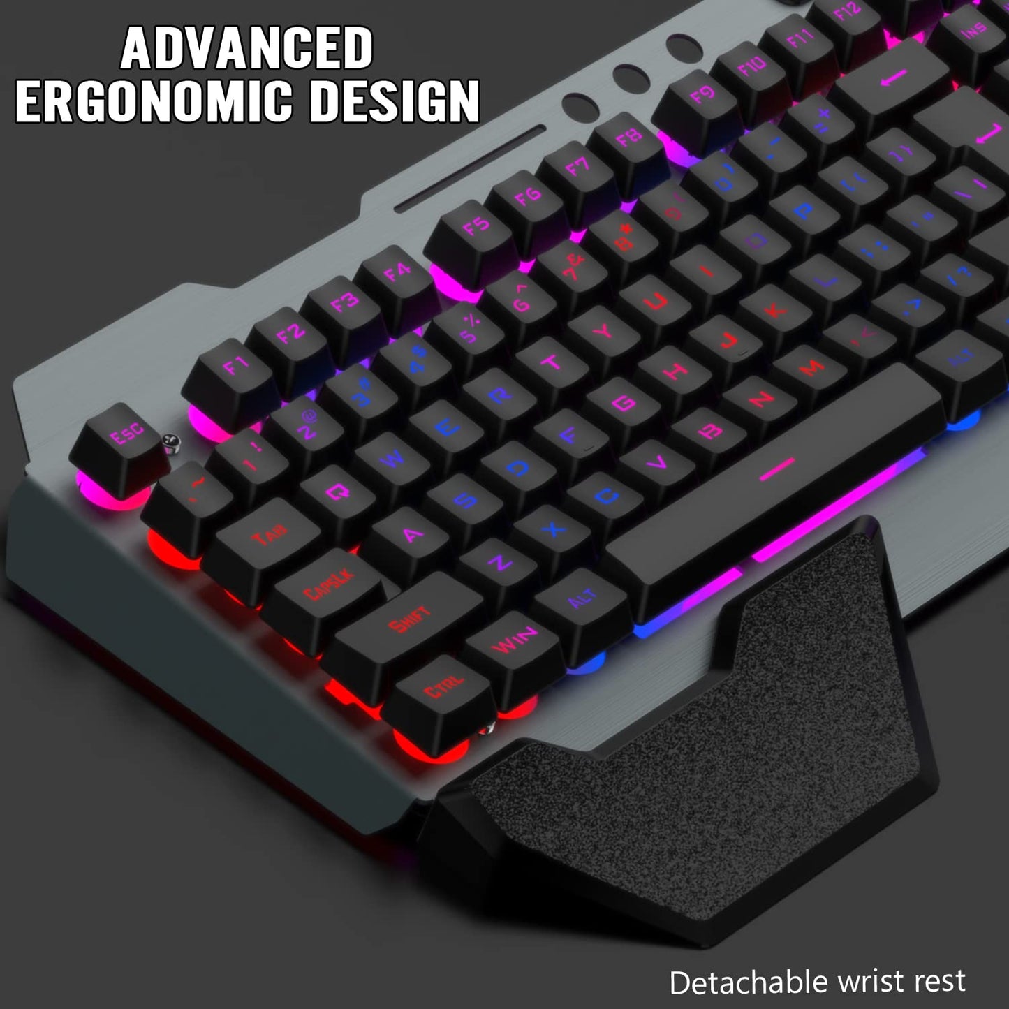 Wireless Gaming Keyboard and Mouse,Rainbow Backlit Rechargeable Keyboard Mouse with 3800mAh Battery Metal Panel,Removable Hand Rest Mechanical Feel Keyboard and 7 Color Gaming Mute Mice for PC Gamers
