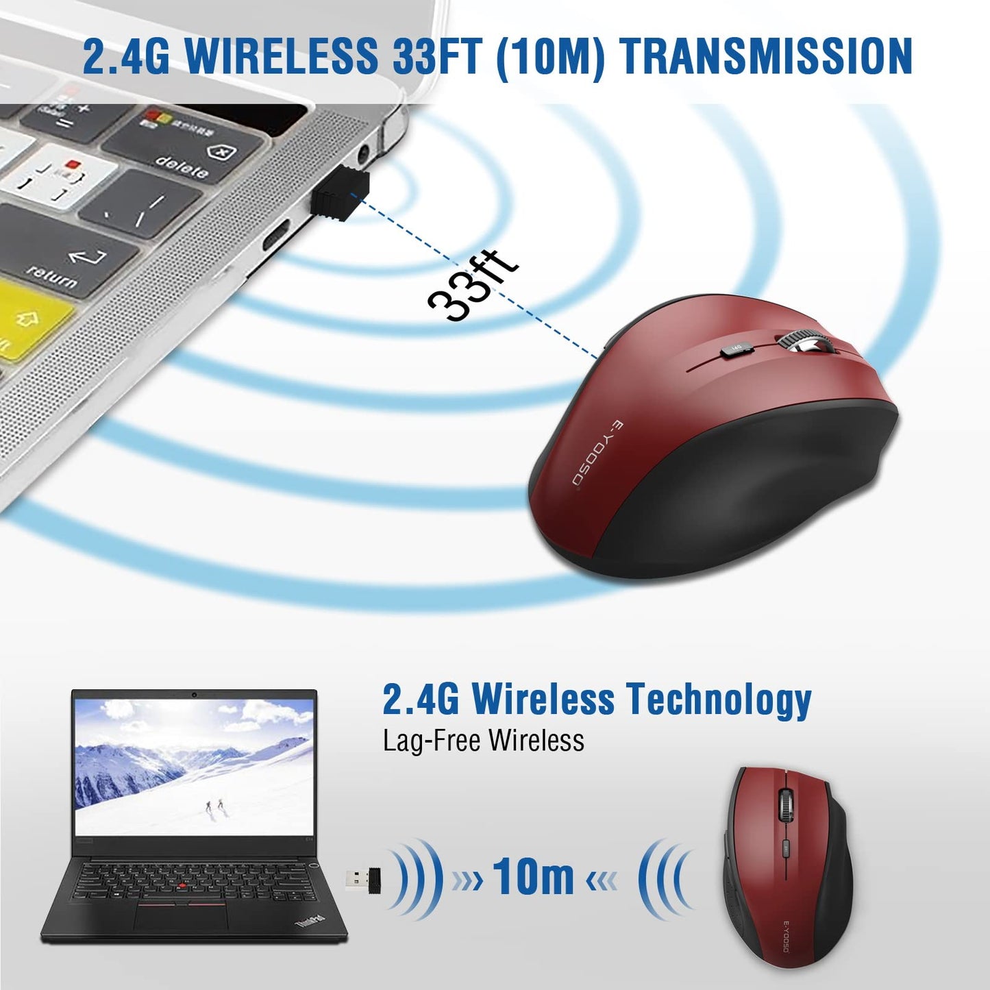 E-YOOSO Wireless Mouse for Laptop, Portable Optical Computer Mouse, 6 Buttons, Cordless 2.4GHz with USB Receiver, 5-Level 4800 DPI, 18 Months Battery Life for PC Chromebook Windows Mac
