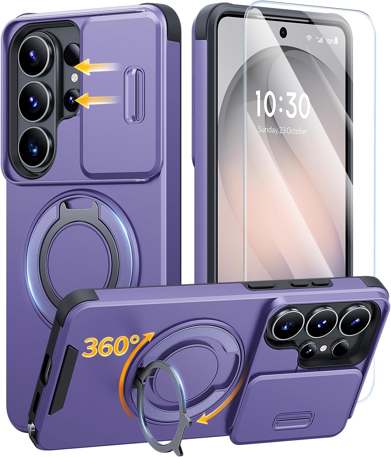 JAME for Samsung Galaxy S26 Ultra Case with Ring Stand & Slide Camera Cover | Ring Holder Kickstand, Screen Protectors, Dual-Layer Shockproof Protective, Magnetic Accessory Friendly Phone Case, Purple