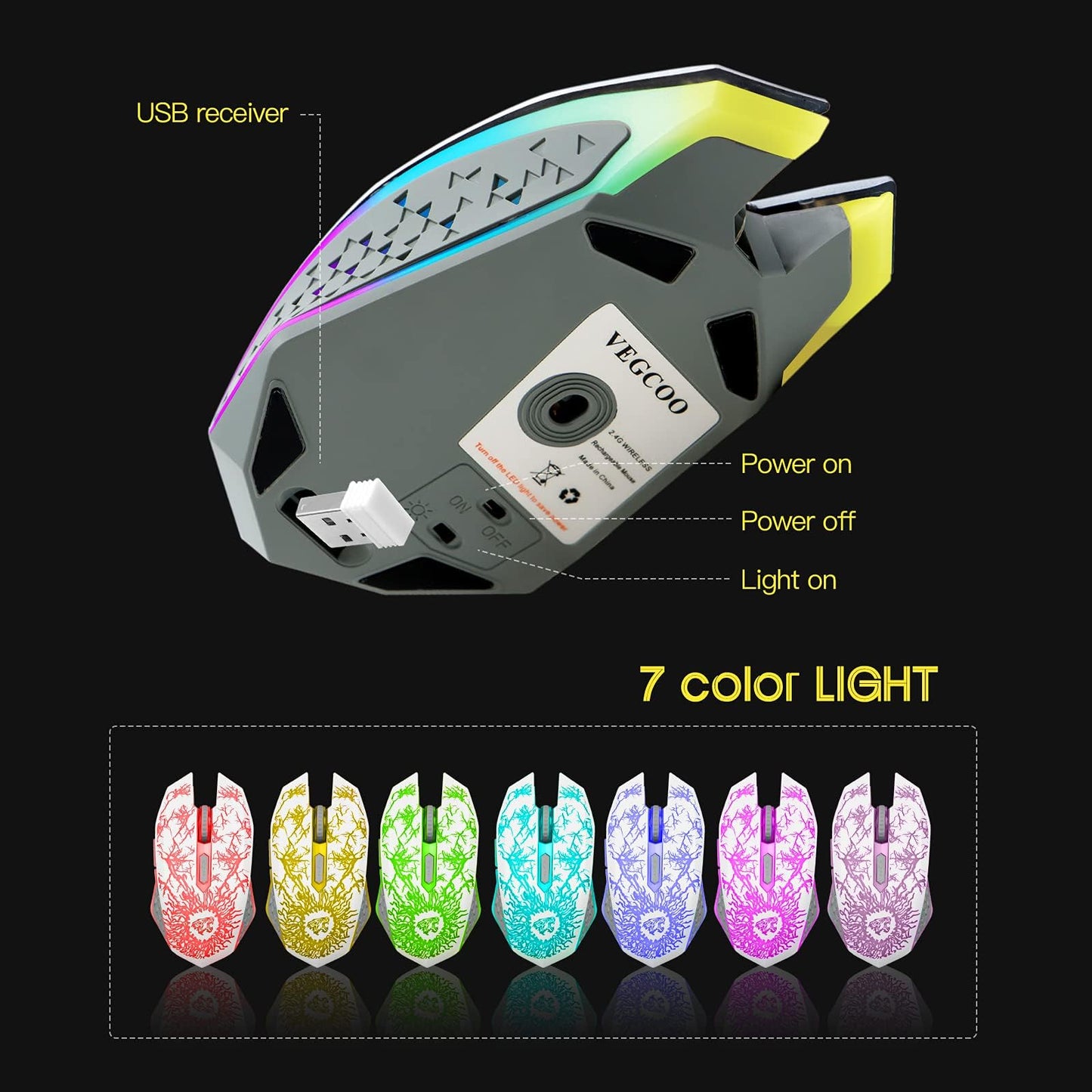 VEGCOO Wireless Gaming Mouse, Rechargeable Gaming Mouse, Silent Optical Mice with 2.4G USB Receiver, 3 Level DPI, 6 Buttons, 7 Colors LED Lights for PC/Mac Gamer, Laptop and Desktop