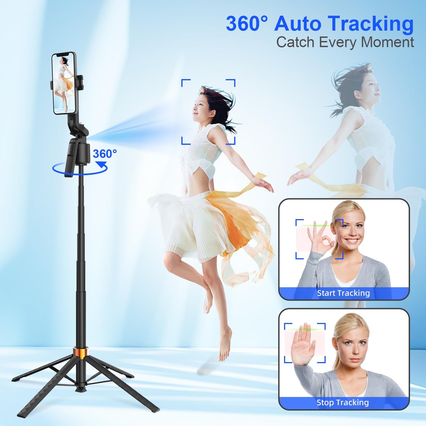 Auto Face Tracking Selfie Stick Tripod for iPhone, 360° Auto Rotating Face Tracking Tripod, Gesture Control, No APP Required, Gimbal stabilizer for Smartphone, for Live Streaming Video, Recording
