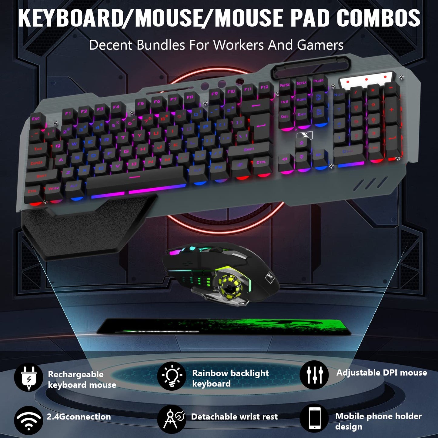 Wireless Gaming Keyboard and Mouse,Rainbow Backlit Rechargeable Keyboard Mouse with 3800mAh Battery Metal Panel,Removable Hand Rest Mechanical Feel Keyboard and 7 Color Gaming Mute Mice for PC Gamers