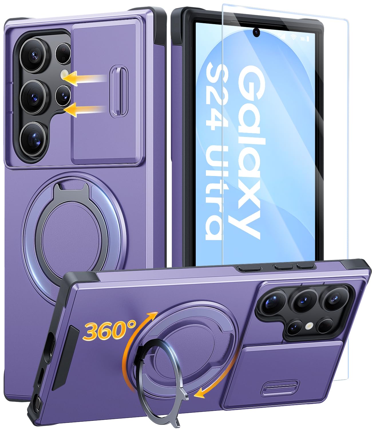 JAME for Samsung Galaxy S26 Ultra Case with Ring Stand & Slide Camera Cover | Ring Holder Kickstand, Screen Protectors, Dual-Layer Shockproof Protective, Magnetic Accessory Friendly Phone Case, Purple