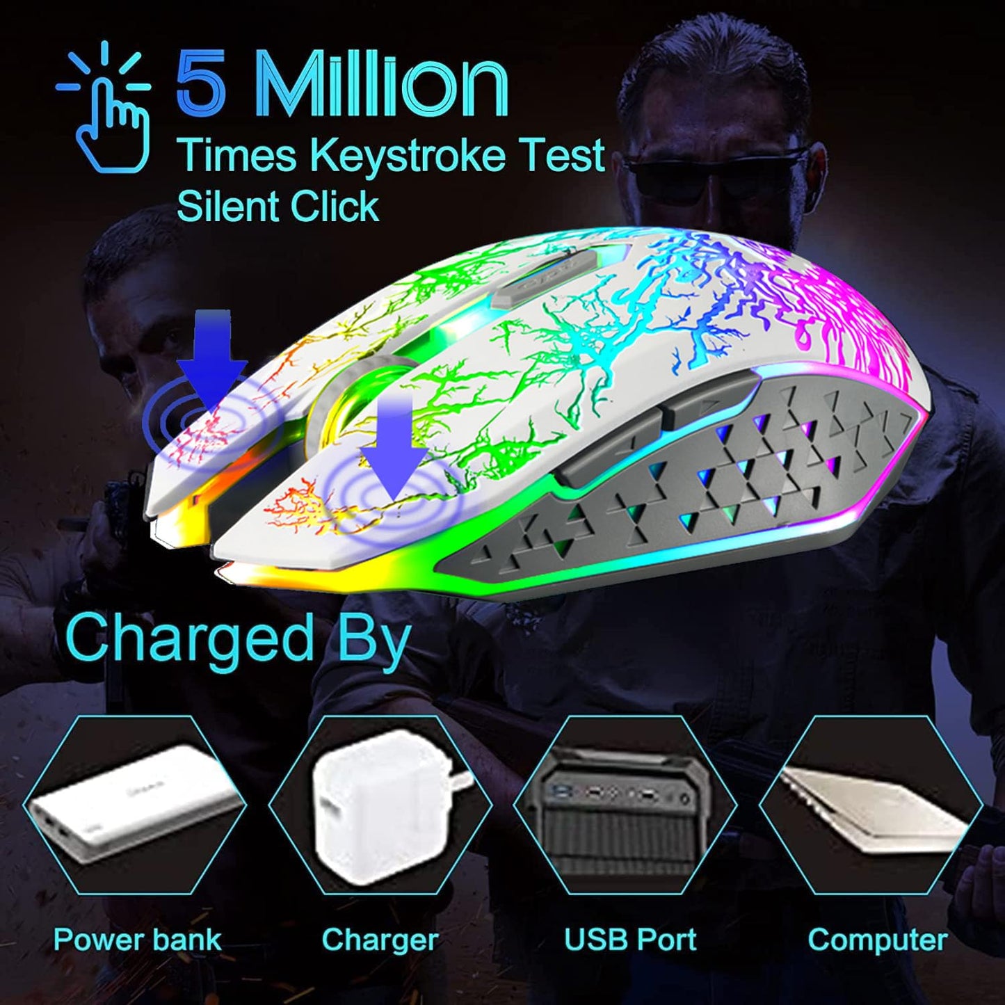 VEGCOO Wireless Gaming Mouse, Rechargeable Gaming Mouse, Silent Optical Mice with 2.4G USB Receiver, 3 Level DPI, 6 Buttons, 7 Colors LED Lights for PC/Mac Gamer, Laptop and Desktop