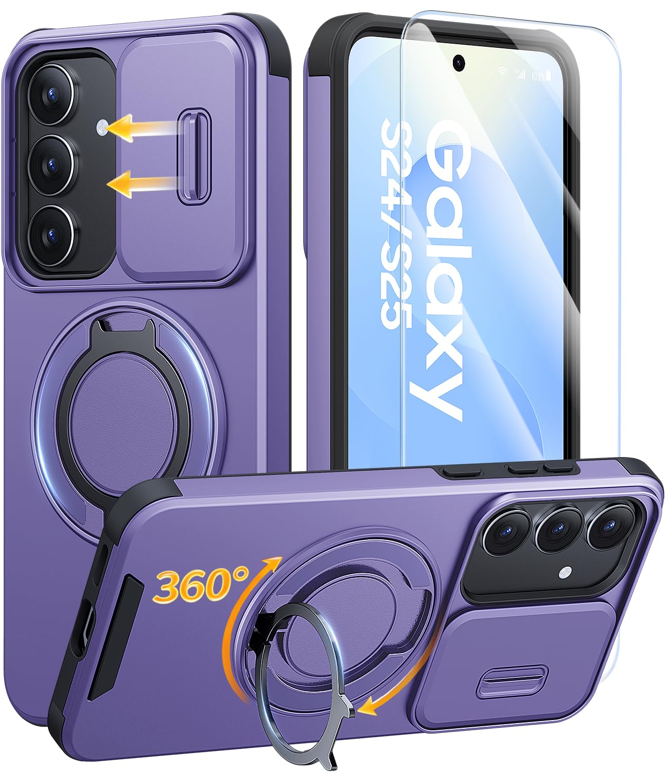 JAME for Samsung Galaxy S26 Ultra Case with Ring Stand & Slide Camera Cover | Ring Holder Kickstand, Screen Protectors, Dual-Layer Shockproof Protective, Magnetic Accessory Friendly Phone Case, Purple