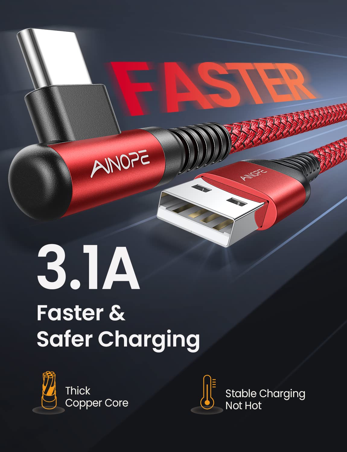 AINOPE 2-Pack Type C Charging Cable 3.1A Fast Charge, Right Angle [6.6ft+6.6ft] USB C Cable, Durable Nylon Braided Type C Charging Cable Fast Charge Compatible Galaxy S10 S9 S21, LG V30,V20,G6