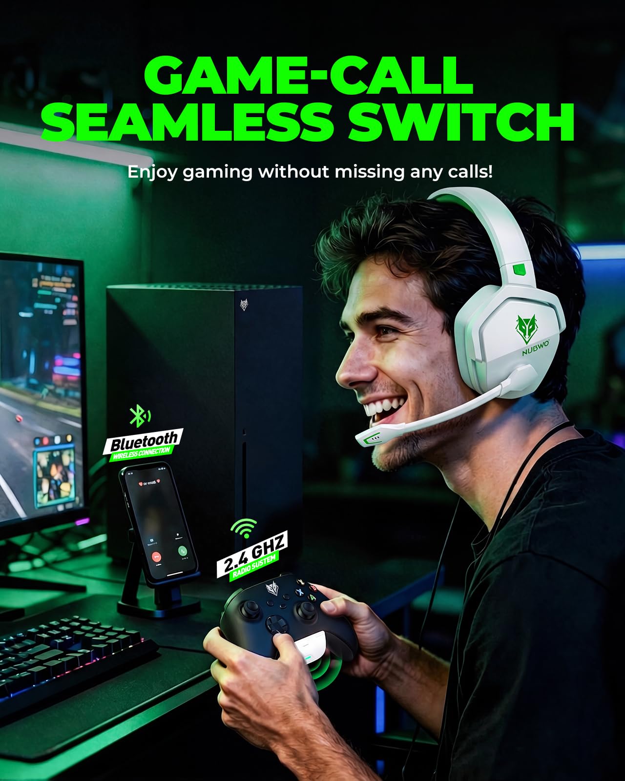 NUBWO Wireless Gaming Headset with Mic for Ps5 Ps4 PC, Zero Interference, 100-Hour Battery All-Day Play, 23ms Sync for Fortnite & Call of Duty/FPS Gamers, Triple Mode All Devices Compatible - Orange