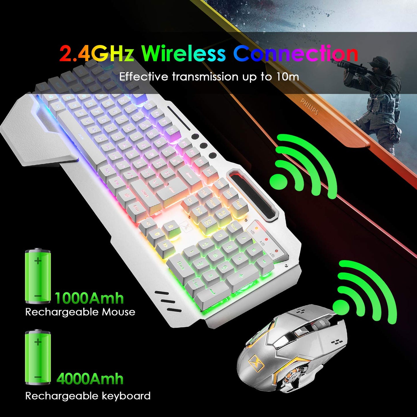 Wireless Gaming Keyboard and Mouse,Rainbow Backlit Rechargeable Keyboard Mouse with 3800mAh Battery Metal Panel,Removable Hand Rest Mechanical Feel Keyboard and 7 Color Gaming Mute Mice for PC Gamers