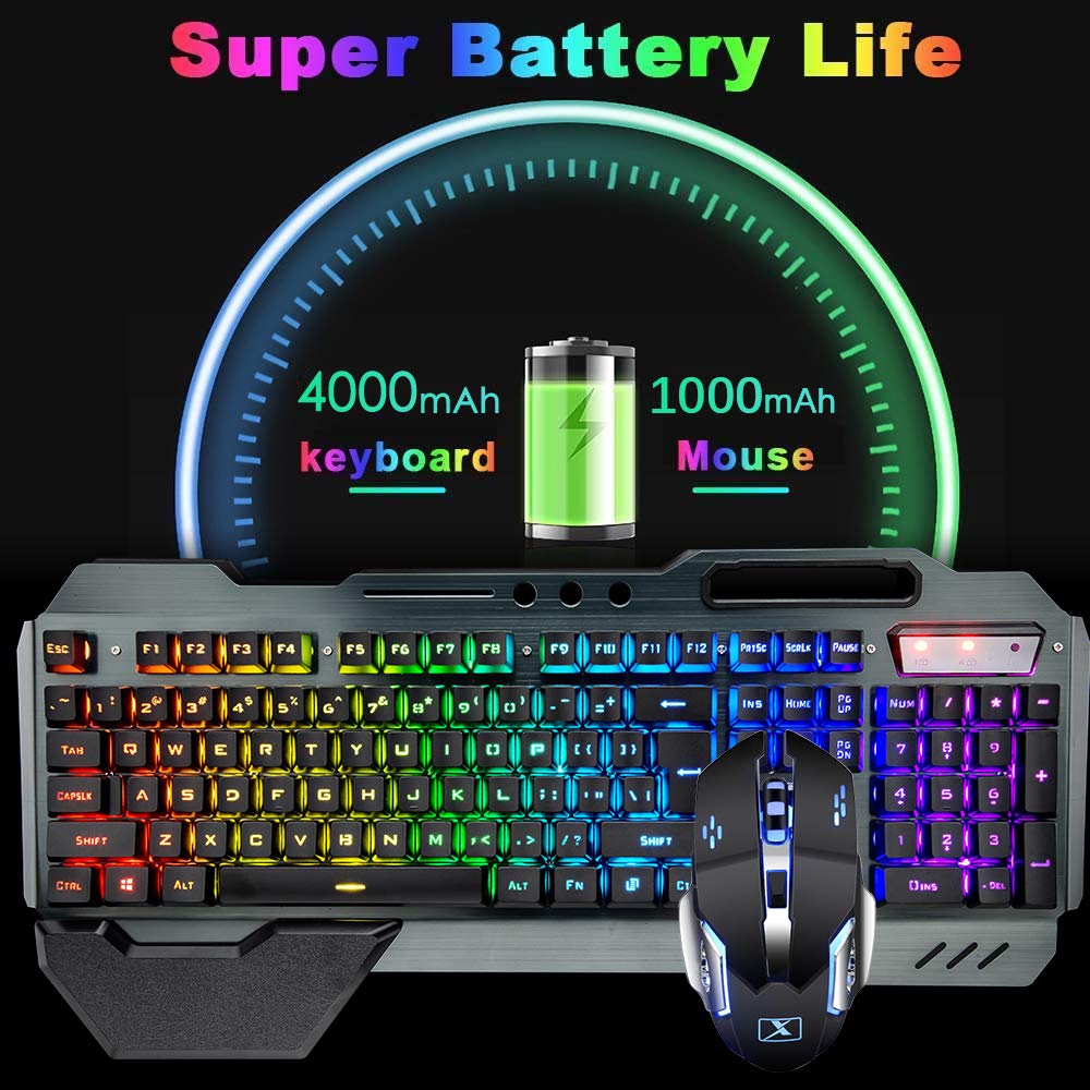 Wireless Gaming Keyboard and Mouse,Rainbow Backlit Rechargeable Keyboard Mouse with 3800mAh Battery Metal Panel,Removable Hand Rest Mechanical Feel Keyboard and 7 Color Gaming Mute Mice for PC Gamers