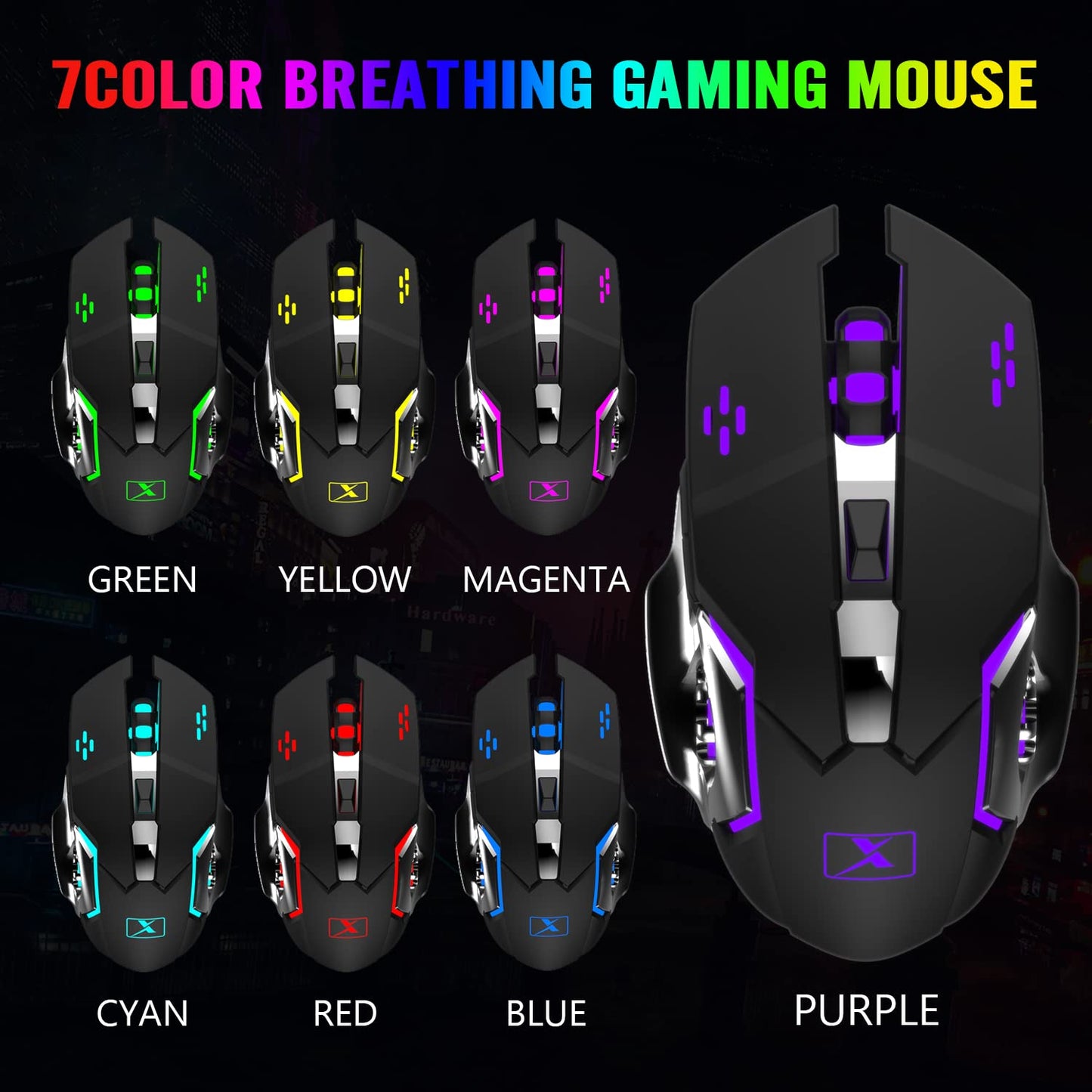 Wireless Gaming Keyboard and Mouse,Rainbow Backlit Rechargeable Keyboard Mouse with 3800mAh Battery Metal Panel,Removable Hand Rest Mechanical Feel Keyboard and 7 Color Gaming Mute Mice for PC Gamers