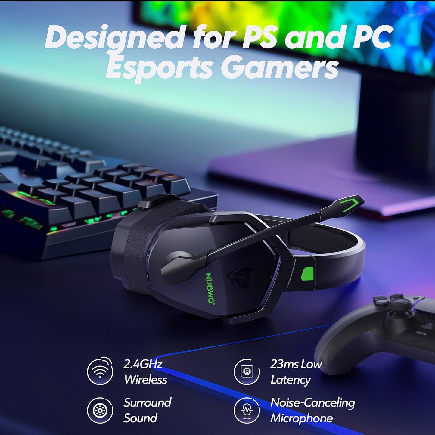 NUBWO Wireless Gaming Headset with Mic for Ps5 Ps4 PC, Zero Interference, 100-Hour Battery All-Day Play, 23ms Sync for Fortnite & Call of Duty/FPS Gamers, Triple Mode All Devices Compatible - Orange