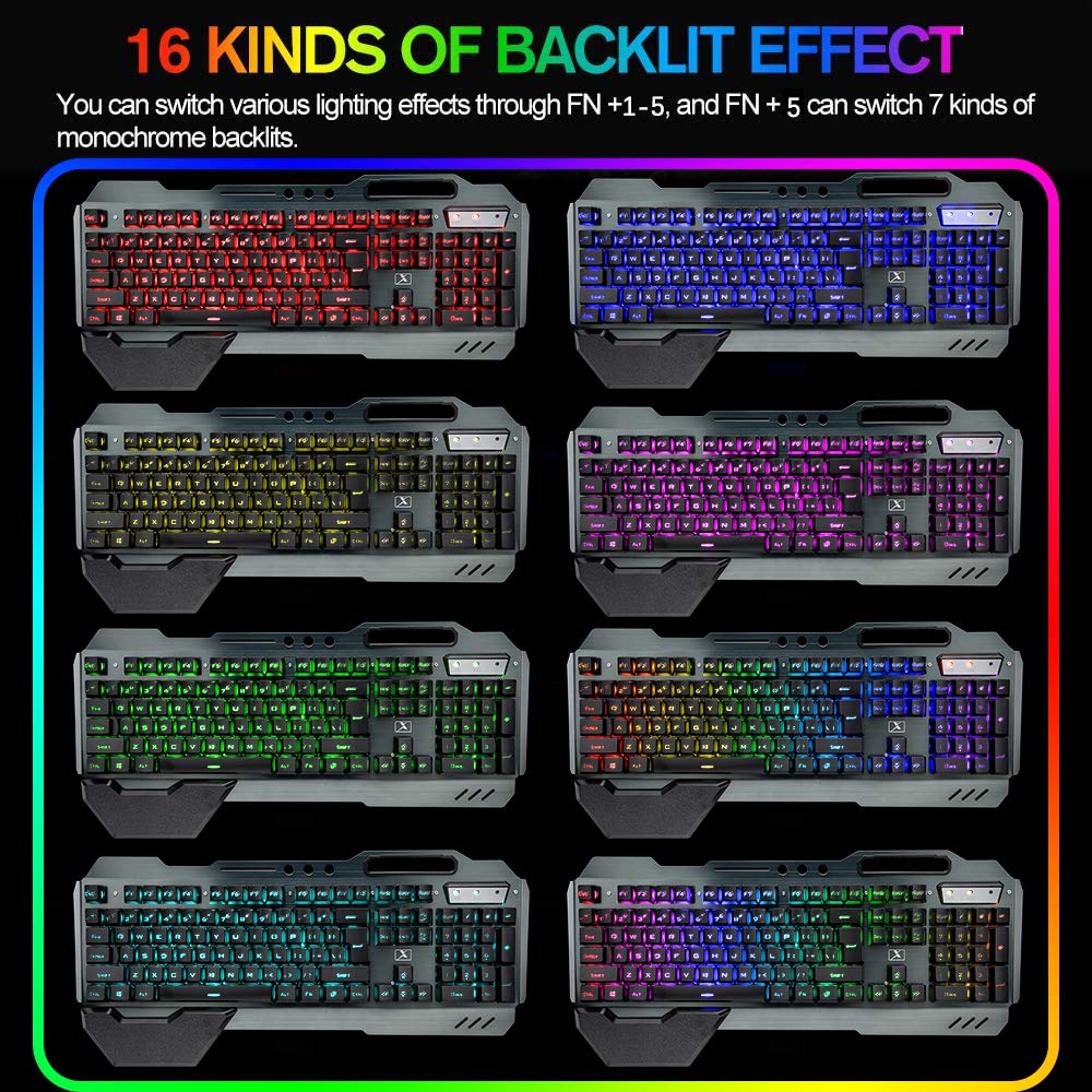 Wireless Gaming Keyboard and Mouse,Rainbow Backlit Rechargeable Keyboard Mouse with 3800mAh Battery Metal Panel,Removable Hand Rest Mechanical Feel Keyboard and 7 Color Gaming Mute Mice for PC Gamers