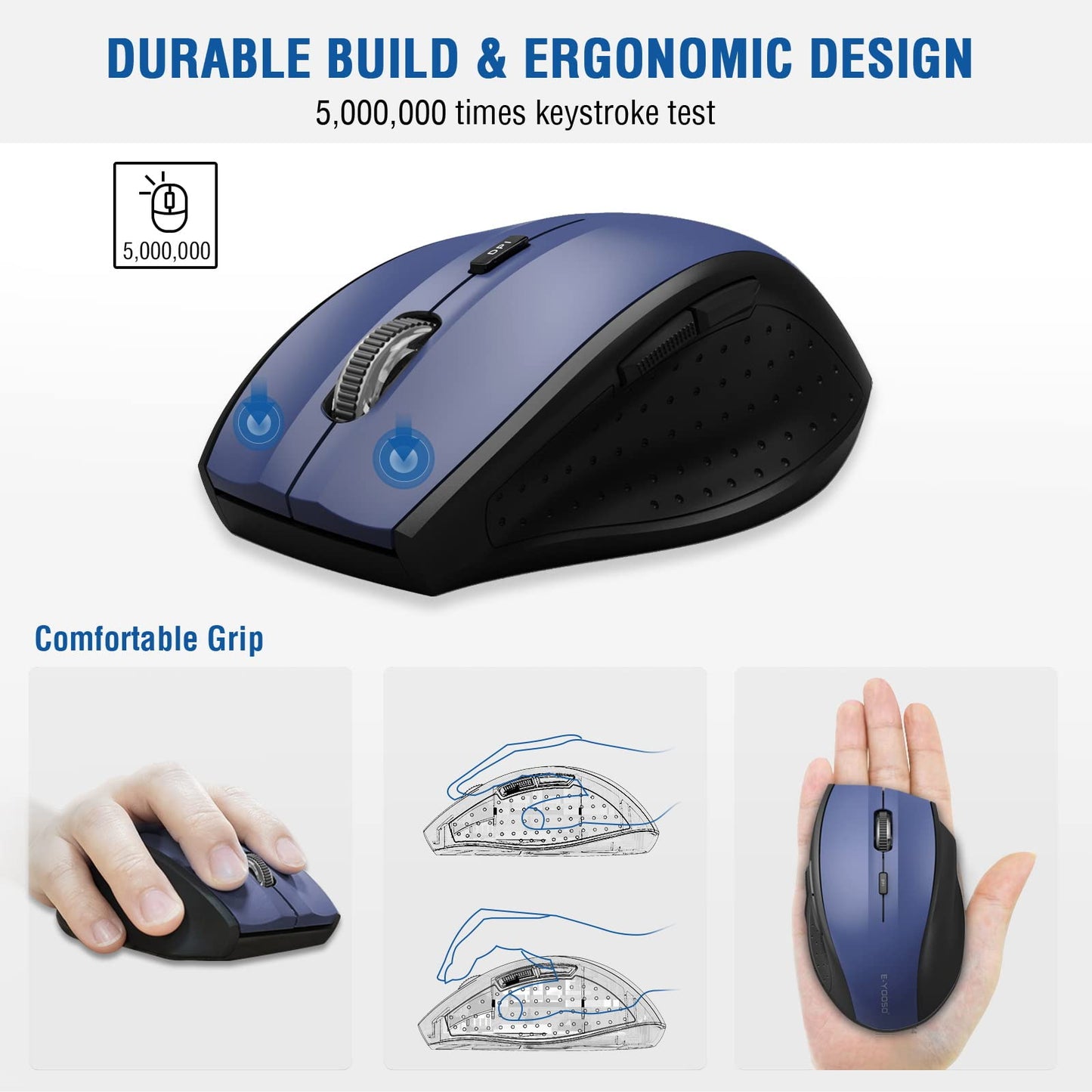 E-YOOSO Wireless Mouse for Laptop, Portable Optical Computer Mouse, 6 Buttons, Cordless 2.4GHz with USB Receiver, 5-Level 4800 DPI, 18 Months Battery Life for PC Chromebook Windows Mac