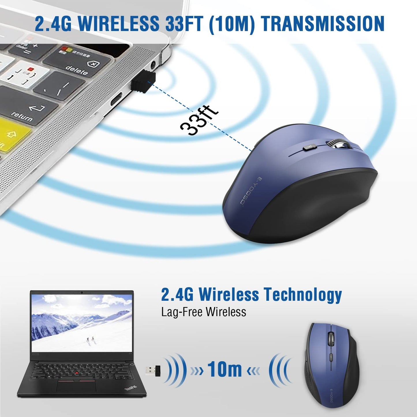 E-YOOSO Wireless Mouse for Laptop, Portable Optical Computer Mouse, 6 Buttons, Cordless 2.4GHz with USB Receiver, 5-Level 4800 DPI, 18 Months Battery Life for PC Chromebook Windows Mac