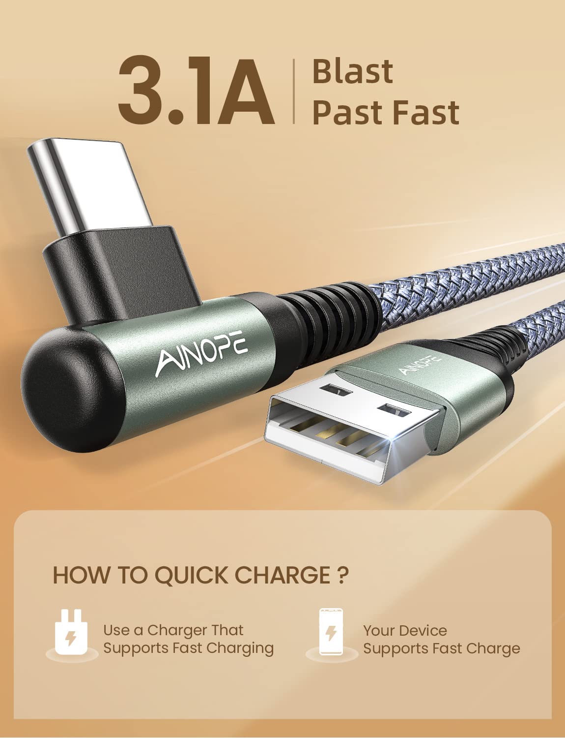 AINOPE 2-Pack Type C Charging Cable 3.1A Fast Charge, Right Angle [6.6ft+6.6ft] USB C Cable, Durable Nylon Braided Type C Charging Cable Fast Charge Compatible Galaxy S10 S9 S21, LG V30,V20,G6