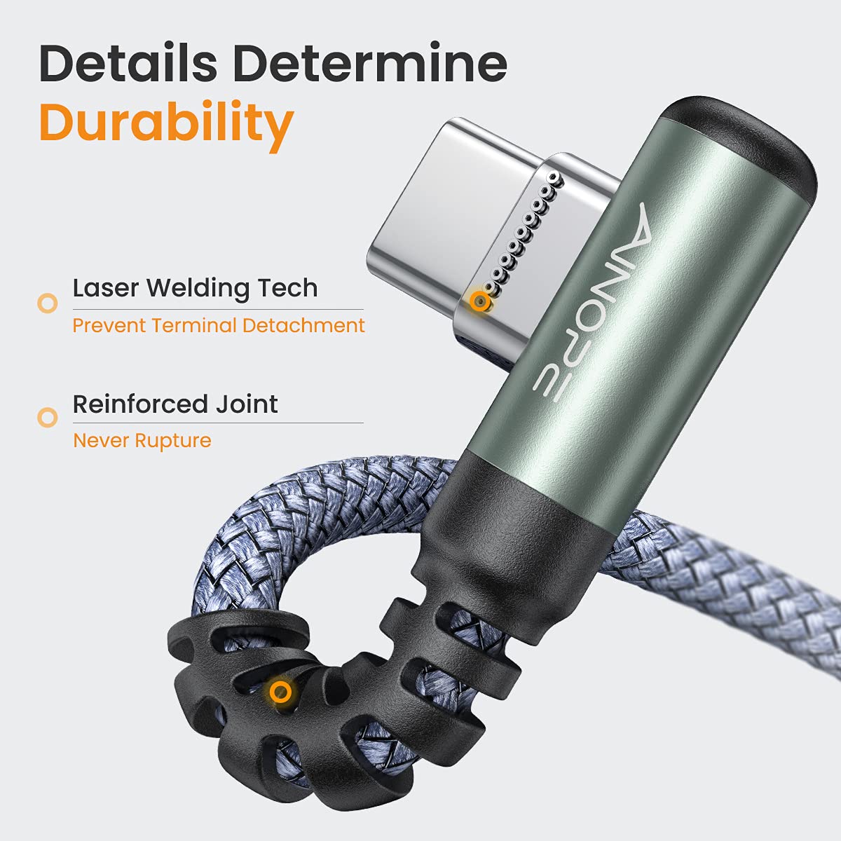 AINOPE 2-Pack Type C Charging Cable 3.1A Fast Charge, Right Angle [6.6ft+6.6ft] USB C Cable, Durable Nylon Braided Type C Charging Cable Fast Charge Compatible Galaxy S10 S9 S21, LG V30,V20,G6
