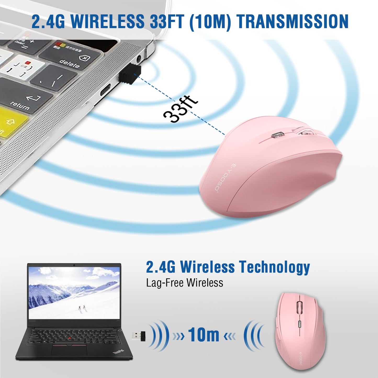 E-YOOSO Wireless Mouse for Laptop, Portable Optical Computer Mouse, 6 Buttons, Cordless 2.4GHz with USB Receiver, 5-Level 4800 DPI, 18 Months Battery Life for PC Chromebook Windows Mac