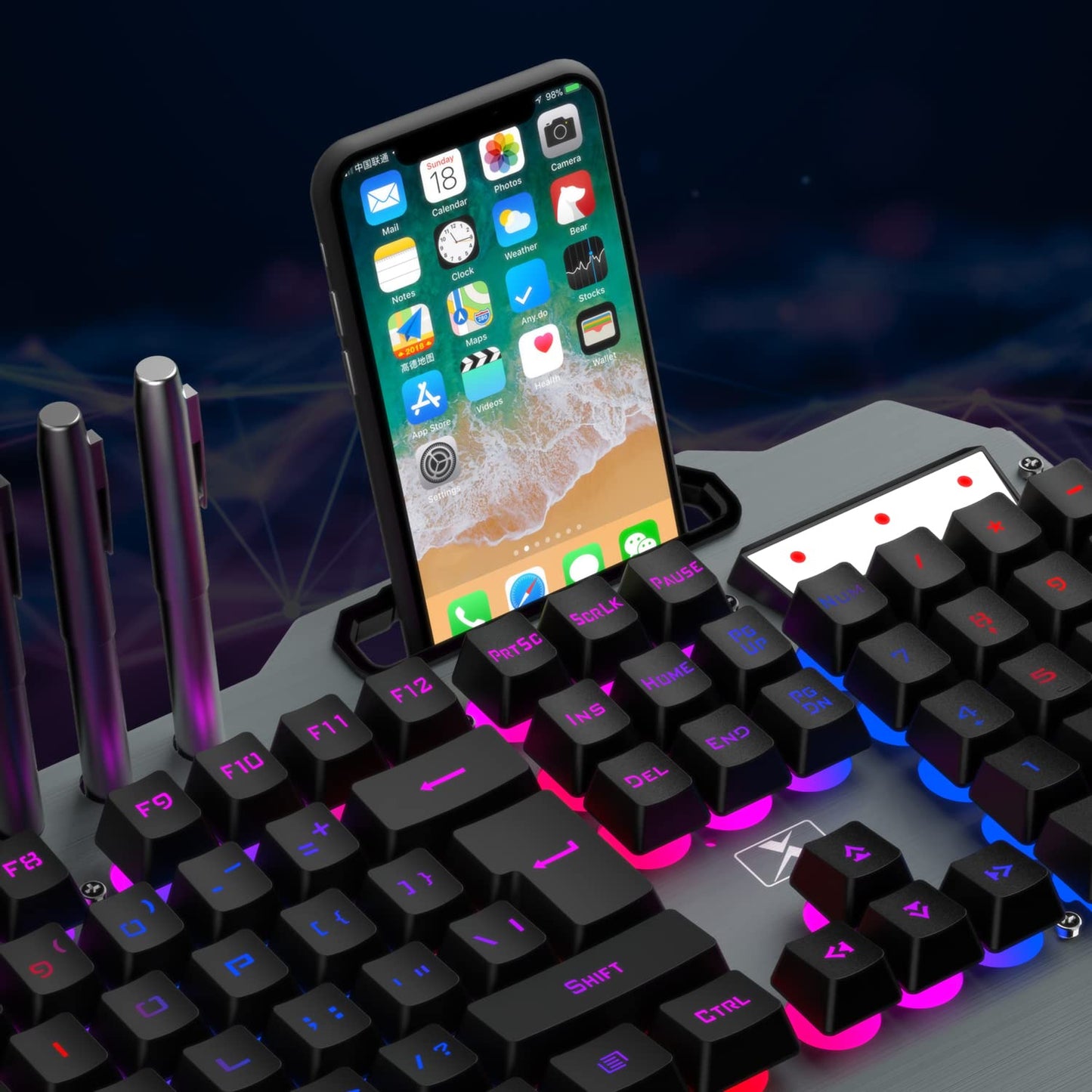 Wireless Gaming Keyboard and Mouse,Rainbow Backlit Rechargeable Keyboard Mouse with 3800mAh Battery Metal Panel,Removable Hand Rest Mechanical Feel Keyboard and 7 Color Gaming Mute Mice for PC Gamers