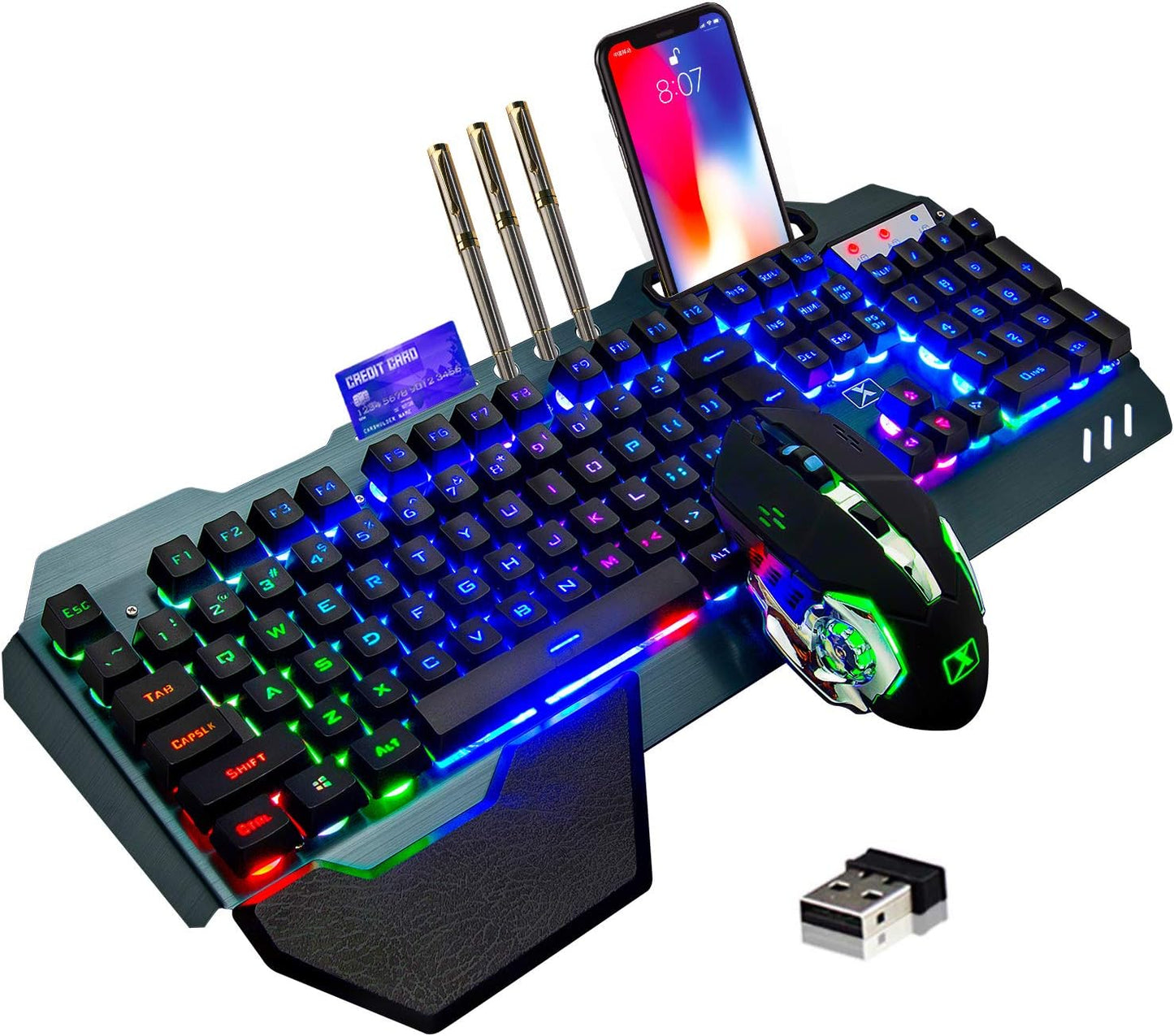 Wireless Gaming Keyboard and Mouse,Rainbow Backlit Rechargeable Keyboard Mouse with 3800mAh Battery Metal Panel,Removable Hand Rest Mechanical Feel Keyboard and 7 Color Gaming Mute Mice for PC Gamers