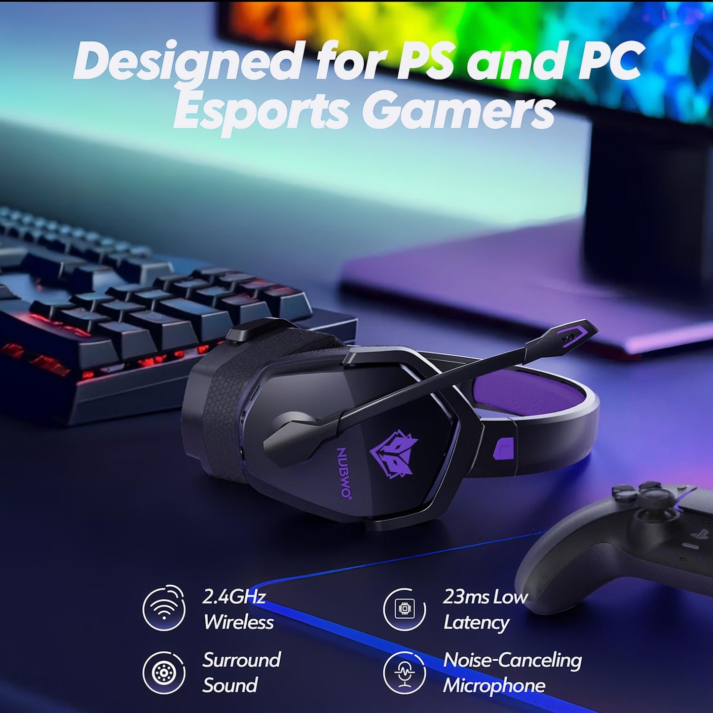 NUBWO Wireless Gaming Headset with Mic for Ps5 Ps4 PC, Zero Interference, 100-Hour Battery All-Day Play, 23ms Sync for Fortnite & Call of Duty/FPS Gamers, Triple Mode All Devices Compatible - Orange